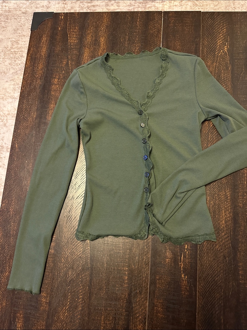 Lace-Trim Olive Green Long Sleeve Button Cardigan